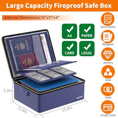 ENGPOW Fireproof Document Box with Lock & Heat-Resistant Fireproof Zipper - color: Blue, size: 15.4 x 11.8 x 5.5 inches