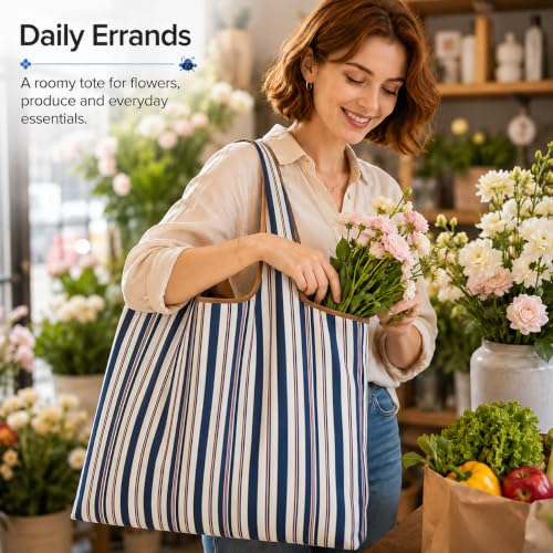 Reusable Shopping Bag, 16 x 16 inch Large Foldable Grocery Hand Tote, Shoulder Waterproof Portable Pocket - color: Mix Stripes