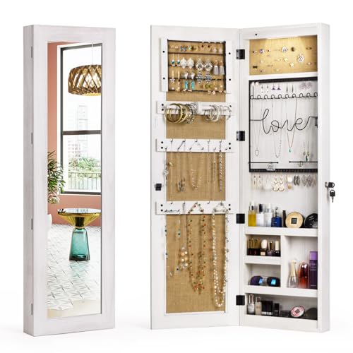 SRIWATANA Washed White Jewelry Cabinet with Full Length Mirror, Solid Wood - color: Washed White