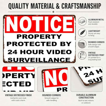 24 Hour Video Surveillance Vintage Aluminum Metal Sign 8 x 12 Inch