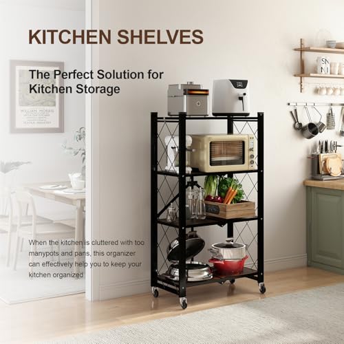 4 Tier Folding Shelf with Wheels, Wood and Metal Bookshelf - color: Brown Wooden, size: 4 Tier
