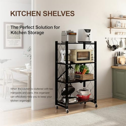 4 Tier Folding Shelf with Wheels, Wood and Metal Bookshelf - color: Brown Wooden, size: 4 Tier