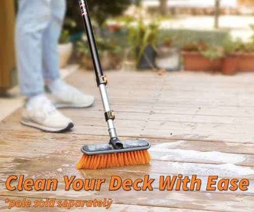 5-8 ft Long Telescopic Extension Pole with Medium Bristle Deck Scrub Brush - Composite Deck Cleaning Head & Vinyl Siding, Boat Scrub Brush, Roof Broom with Extension Pole