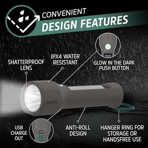 Energizer S-600 LED Flashlight Rechargeable Solar and AA Battery Power Options, Super Bright IPX4 Water Resistant Flashlights High Lumens for Emergencies, Outdoors, DIY