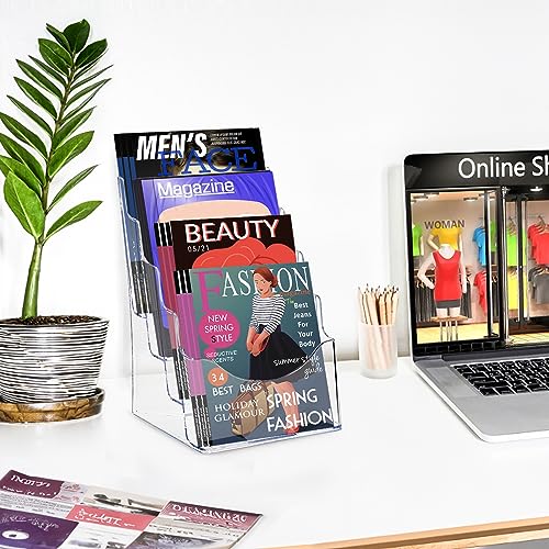 4 Tier Acrylic Brochure Holder 8.5 x 11 Inch, Clear Literature Organizer Magazine Stand with Removable Divider for 4x9 Inch Brochures, Pamphlet Flyer Display Stand for Wall Mount or Countertop