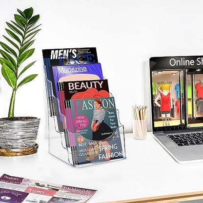 4 Tier Acrylic Brochure Holder 8.5 x 11 Inch, Clear Literature Organizer Magazine Stand with Removable Divider for 4x9 Inch Brochures, Pamphlet Flyer Display Stand for Wall Mount or Countertop