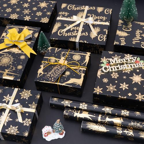 Larcencie Christmas Gift Wrapping Paper Roll w/Gift Bow Sticker, 3 Rolls 17" x 118" Each, Metallic Black and Gold Holiday Wrapping Paper, Snowflake Reindeer Design for Xmas, Winter, Nightmare New Year - color: Black And Gold