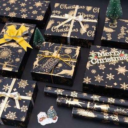 Larcencie Christmas Gift Wrapping Paper Roll w/Gift Bow Sticker, 3 Rolls 17" x 118" Each, Metallic Black and Gold Holiday Wrapping Paper, Snowflake Reindeer Design for Xmas, Winter, Nightmare New Year - color: Black And Gold