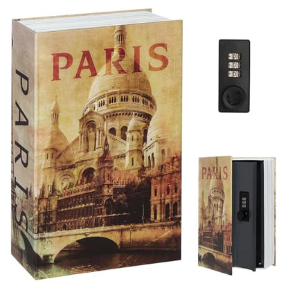 Decaller Book Safe with Combination Lock, Diversion Hidden Secret Metal Lock Box for Home Security, Money & Jewelry, 9.5" x 6.2" x 2.2", Paris - color: Paris, size: Combination Lock