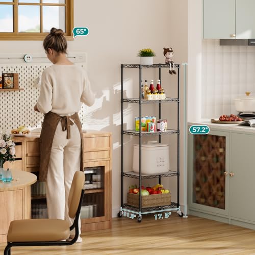 SINGAYE 5 Shelves Storage Shelf Wire Shelving Unit Metal Adjustable Wheels - color: Black, size: 5Tier/11.5"D X 17.5"W X 57"H