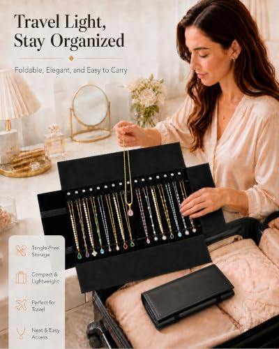 Travel Necklace Organizer, Tangle Free Jewelry Case, 16 Slots - color: black PU and velvet