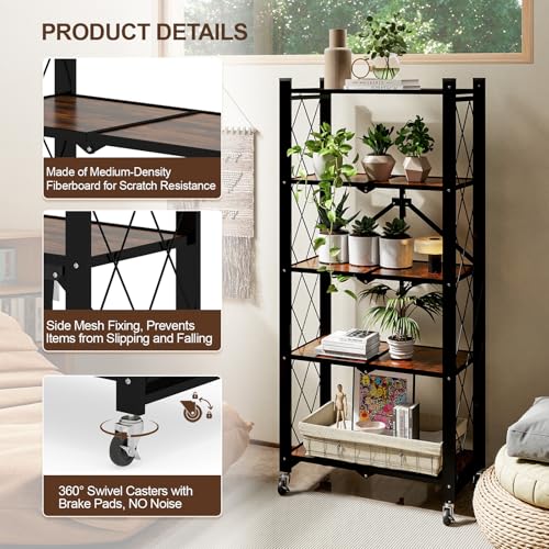 5 Tier Folding Shelf with Wheels, Wood and Metal Bookshelf - color: Brown Wooden, size: 5 Tier