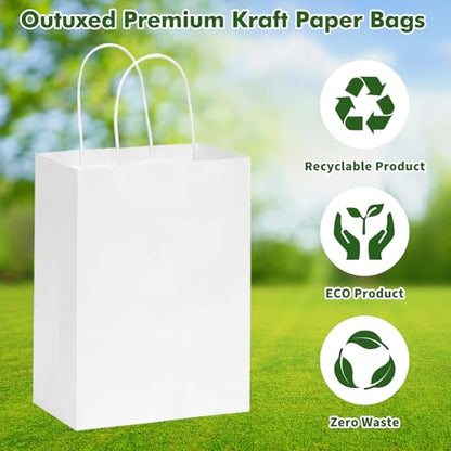 OUTUXED 100pcs 8x4x10in White Paper Bags with Handles Kraft Paper Gift Bags - color: White 8x4x10in, size: 1 Count (Pack of 100)