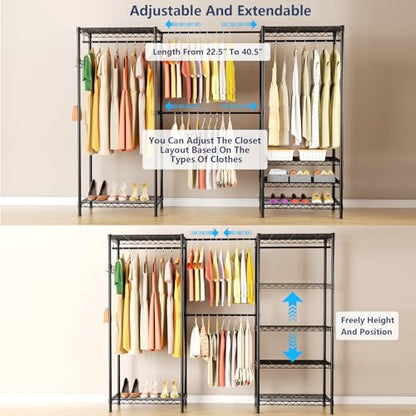 Heavy Duty Closet Garment Rack, Metal Clothes Racks Wardrobe with Shelf - color: Black