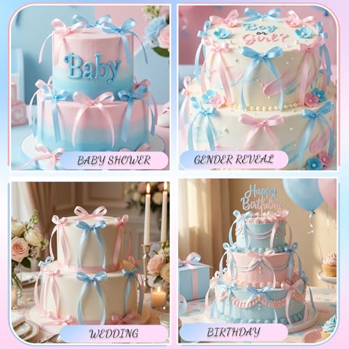 30 Pack Pink Blue Bow Cake Toppers Ribbon Bows for Cake - color: Pink, Blue