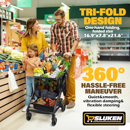 Upgraded Folding Shopping Cart with Wheels, 75Lbs Collapsible Grocery Cart with Removable Basket&360° Wheels, One-Click Folding, Personal Portable Shopping Cart for Groceries, Laundry, Camping - style: 75LB