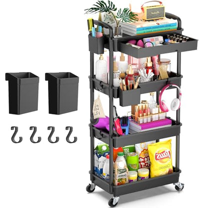 Goovilla 4 Tier Rolling Utility Cart Organizer with Removable Drawer, Black - size: 4 Tier, style: Black