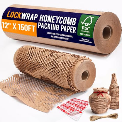 Honeycomb Packing Paper For Moving 12" x 150ft With Rope & Fragile Stickers - size: 12" x 150ft