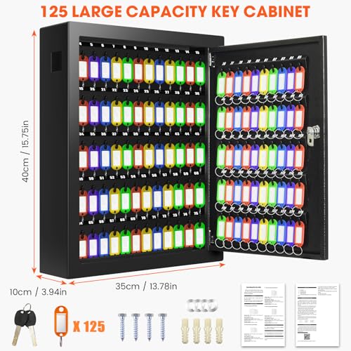 125 Position Key Lock Box Wall Mount with Anti-Theft Deposit Key Slot - color: Black, size: 125 Key Hook