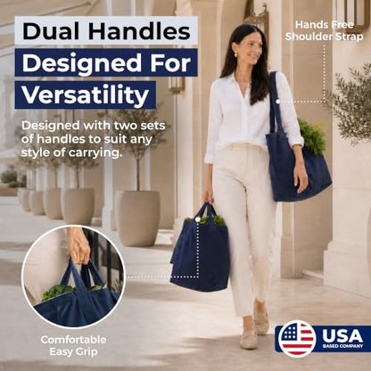 VeraMia Canvas Grocery Bag 3pc XL Set with Real Pockets, Long Shoulder Strap and Short Handle. Heavy Duty, Foldable, Washable - color: Navy Blue