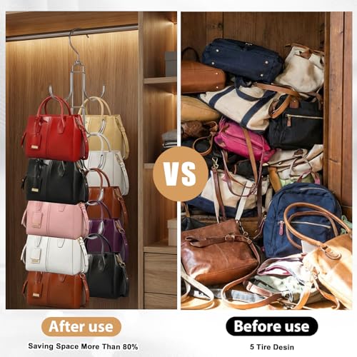 4 Pack Purse Organizer for Closet, Purse Hanger with 10 Big Hooks, 360 Degree Rotation Bag Holder for Organizer&Display, Foldable Space Saving Hangers Rack for Handbag, Belt, Scarf, Tie