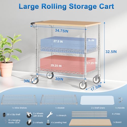 Rolling Kitchen Carts with Wheels, 3-Tier Utility Cart with Wood Tabletop - color: Wood-chrome