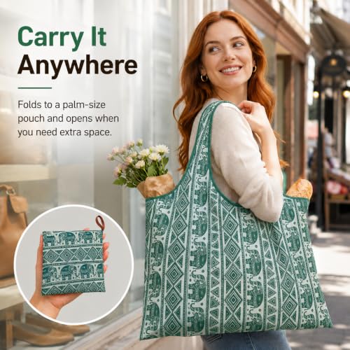 Reusable Shopping Bag, 16 x 16 inch Large Foldable Grocery Hand Tote, Shoulder Waterproof Portable Pocket - color: Green Elephant