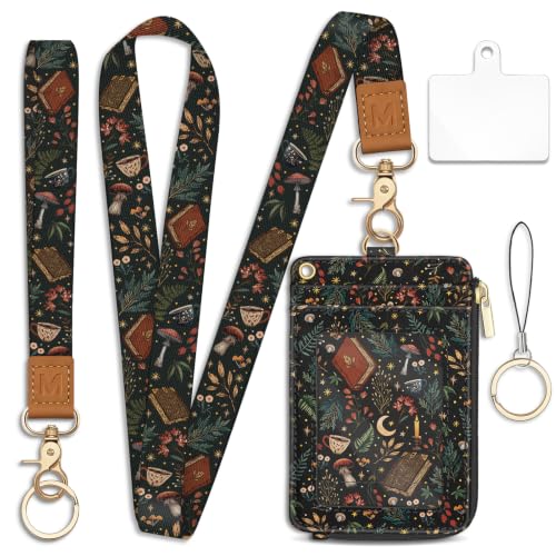 Piefly Book Mushroom Lanyard Wallet ID Badge Holder, Small RFID Keychain - color: Botanical Magical Book