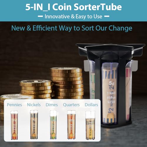 Ainiv Coin Sorter Tube Coin Counter with Coin Wrappers, 5-in-1