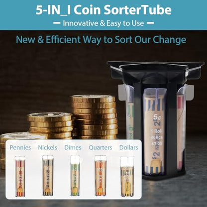 Ainiv Coin Sorter Tube Coin Counter with Coin Wrappers, 5-in-1