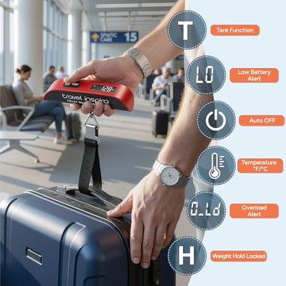 travel inspira Digital Luggage Scale – Portable Hanging Suitcase Weight Scale for Travel, 110 lb Capacity, Backlit LCD Display, Prevents Airport Overweight Fees, Battery Included - color: Red