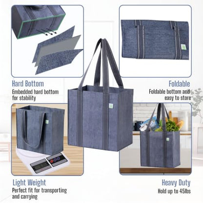 VENO 2/4 Pack Compact Reusable Grocery Shopping Bags with Hard Bottom - color: Gray-4 Pack