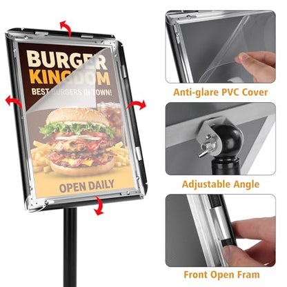 Foandbevi Sign Holder Stand 8.5x11 Inch - Heavy Duty Floor Standing Poster Stand with Adjustable Height & Snap-Open Frame, 360° Rotation Pedestal Menu Stand for Restaurant, Trade Show, Wedding & Office - color: Lichee-Black