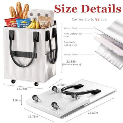 Reusable Grocery Bag on Wheel, Foldable Shopping Cart with Wheels, Can Carry up to 88 Pounds, Suitable for Groceries, Laundry, Camping and Moving. - color: Silver - Medium