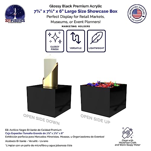 4 Pack Black Acrylic Display Box Counter Retail Merchandise Storage Bin No Lid with Open Bottom 7.75" x 7.75" x 6" Flippable One Piece Cubby for Tradeshows and Expos by Marketing Holders - size: 7.75" x 7.75" x 6" Black