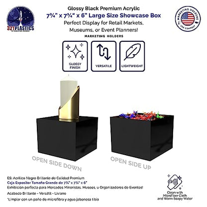 4 Pack Black Acrylic Display Box Counter Retail Merchandise Storage Bin No Lid with Open Bottom 7.75" x 7.75" x 6" Flippable One Piece Cubby for Tradeshows and Expos by Marketing Holders - size: 7.75" x 7.75" x 6" Black