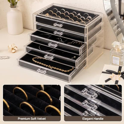 Frebeauty Extra Large Acrylic Jewelry Box for Women 5 Layers Clear Jewelry Organizer Velvet Earring Box with 5 Drawers Rings Display Case Necklaces Holder Tray for Women Girls (Black) - color: Black
