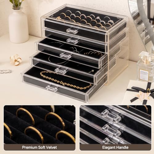 Frebeauty Extra Large Acrylic Jewelry Box for Women 5 Layers Clear Jewelry Organizer Velvet Earring Box with 5 Drawers Rings Display Case Necklaces Holder Tray for Women Girls (Black) - color: Black