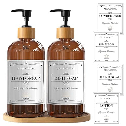 Sunrise Premium Amber Glass Soap Dispenser, Bamboo Pump with Tray, 2 Pack - color: Plastic Bamboo Pump - Amber Glass Pack 2