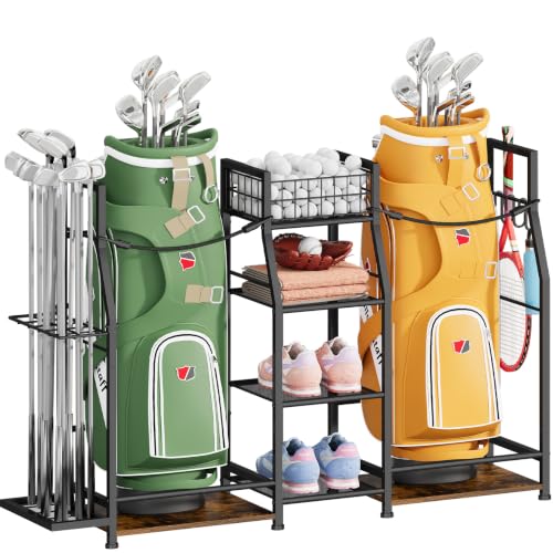Golf Bag Storage Organizer with Club Holder, Golf Bag Stand for 2 Bags - size: 2 Bags (With Club Holder)