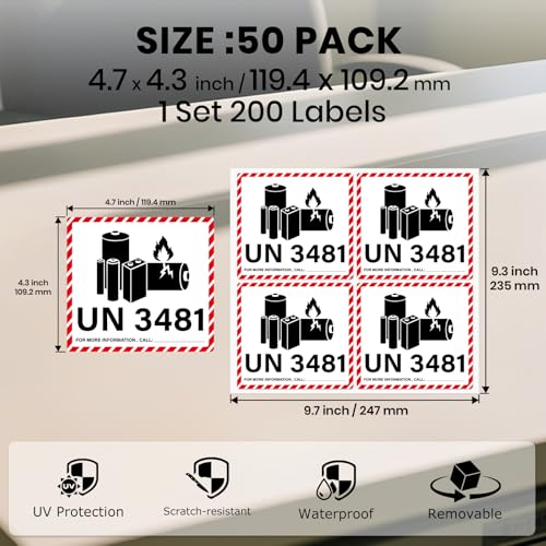 200 PCS UN 3481 Stickers Lithium Ion Battery Caution Labels - size: 4.7 x 4.3 Inches