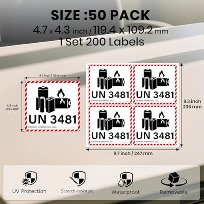 200 PCS UN 3481 Stickers Lithium Ion Battery Caution Labels - size: 4.7 x 4.3 Inches