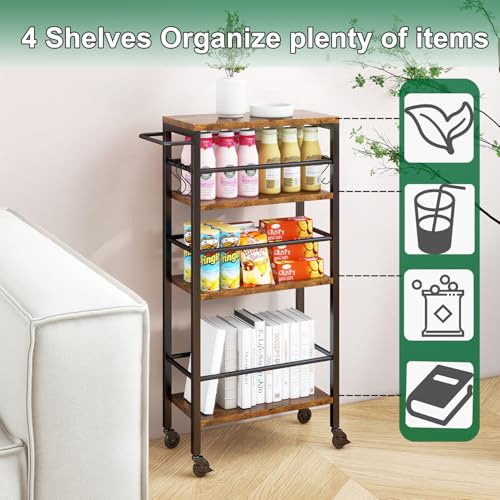 IBUYKE Slim Rolling Storage Cart, Kitchen Cart Utility Shelving UTMJ065H - color: Brown, size: 15.75"D x 7.9"W x 32.3"H