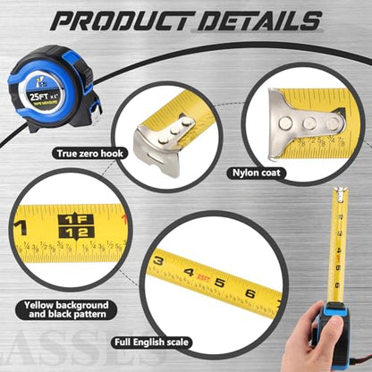 Youyole 12 Pack Tape Measure with Fractions 1/8 Steel Measuring Tape Retractable Easy Read Measurement Ruler Steel Power Blade (25 ft X 1 in,Blue) - color: Blue