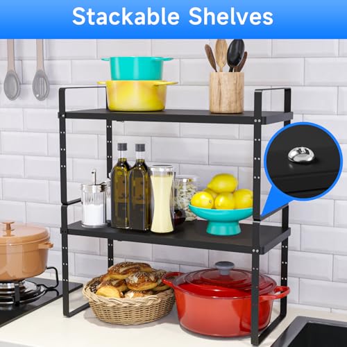 Expandable Cabinet Shelf Organizer, Stackable Kitchen Pantry Counter Storage, Adjustable Closet Cupboard Stand Rack Risers Spice Organization 80LBS Heavy Duty Black Large 1 Pack - color: Black Large