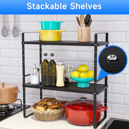 Expandable Cabinet Shelf Organizer, Stackable Kitchen Pantry Counter Storage, Adjustable Closet Cupboard Stand Rack Risers Spice Organization 80LBS Heavy Duty Black Large 1 Pack - color: Black Large
