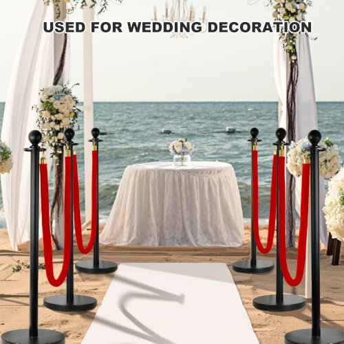 4 Pack Stanchions Post with Velvet Rope, Metal Posts with Weighted Base, Heavy Duty Crowd Control Barriers & Poles for Red Carpet, Movie Theater, Event, Party Supplies, Red - color: Metal-Red (Upgraded)