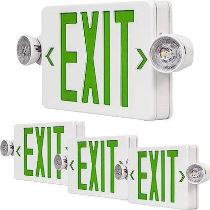 Green LED Exit Sign Emergency Lights with 2 Adjustable Head Lights, Green Letter Emergency Exit Lighting with Battery Backup, US Standard Double Sided ABS Fire Resistant UL 924 AC 120/277V (4-Pack) - color: 4-Pack