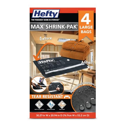 Hefty MAX Shrink-Pak Vacuum Seal Storage Bags for Clothing, Travel, Bedding | Tear & Water Resistant, Dual-Valve Space Saver Compression Bags - Large, 4-Pack