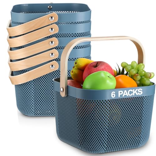 Roshtia 6 Pcs Plastic Mesh Storage Basket with Handle 9.8 x 10.2 x 7.1 Inch Garden Harvest Storage Basket Multi Functional Hanging Organizer for Kitchen Bathroom Picnic Cabinet Home(Blue) - color: Blue